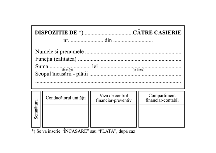 Dispoziție către casierie A6 — Tipografia Vega