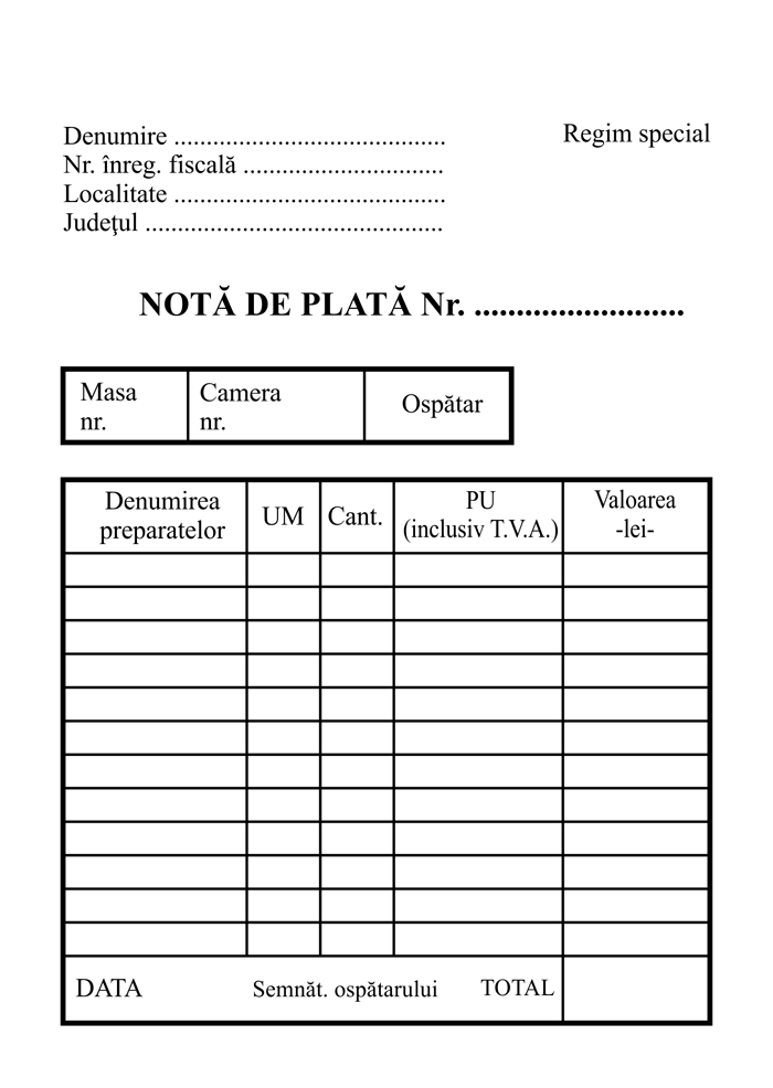 Notă de plată bar A6 — Tipografia Vega