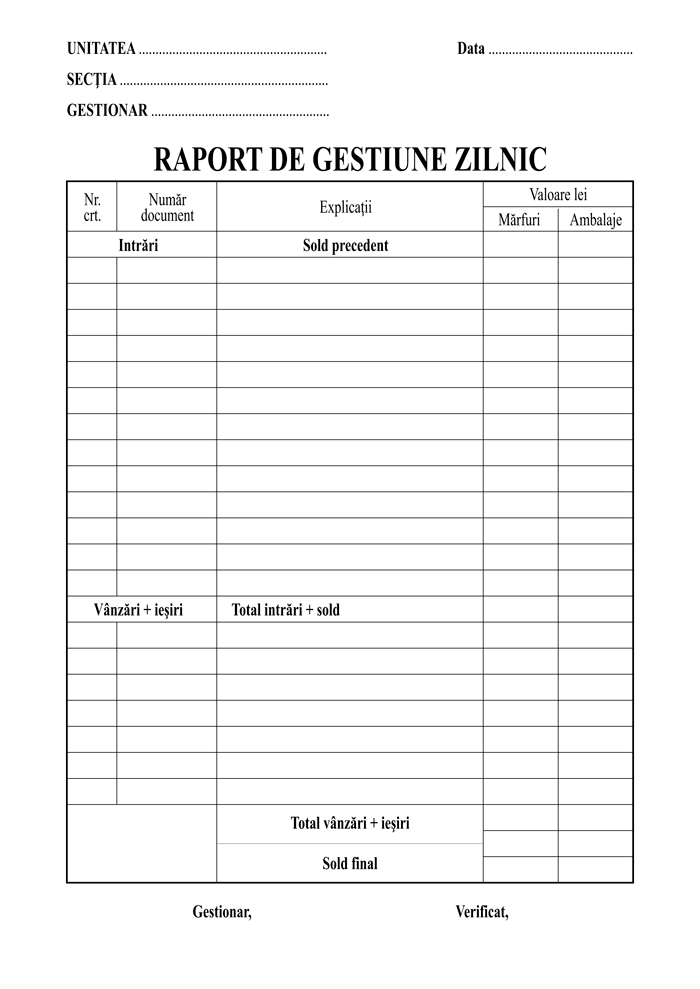 Raport de gestiune zilnic A4 — Tipografia Vega